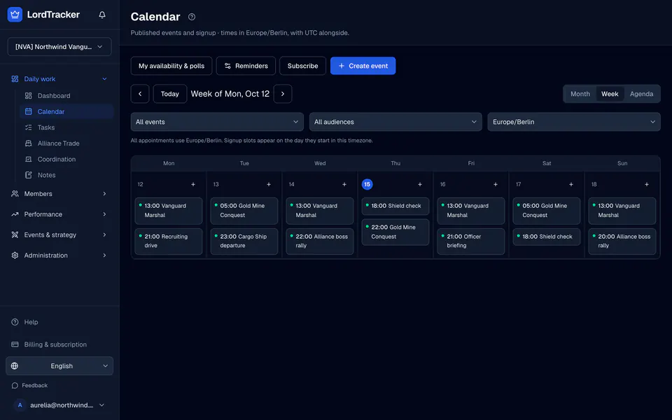 The alliance calendar of a sample alliance: a week of battles, rallies, Cargo Ship departures and reviews